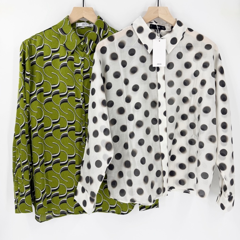 Bundle of 2 MNG Mango Long Sleeve Blouse Tops 6 Polka Dot Green Geometric Satin - Picture 1 of 11